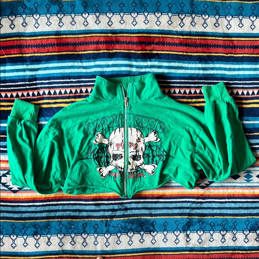 Green Skull Graphic Zip-Up Crop Jacket